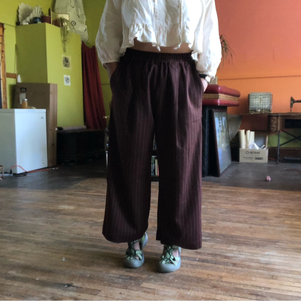 100% Wool brown elastic waist trousers - handmade